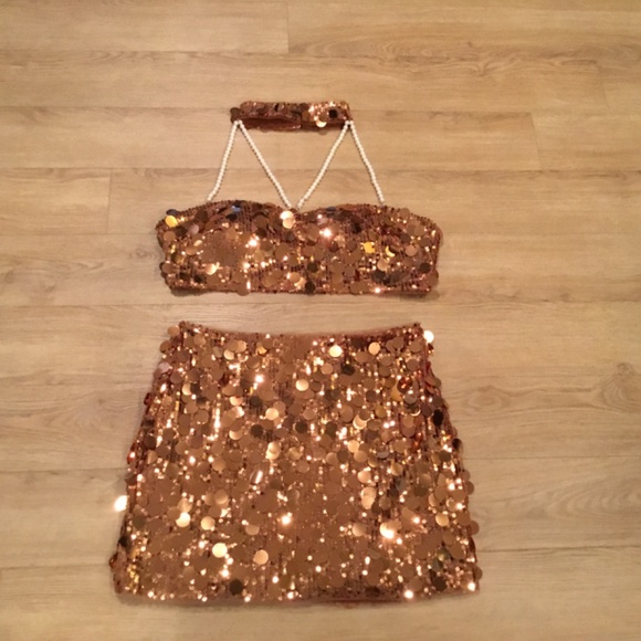 Women’s Sequin Dots Crop Top And Matching Mini Skirt Rave Nightclub Outfit - Picture 7 of 9